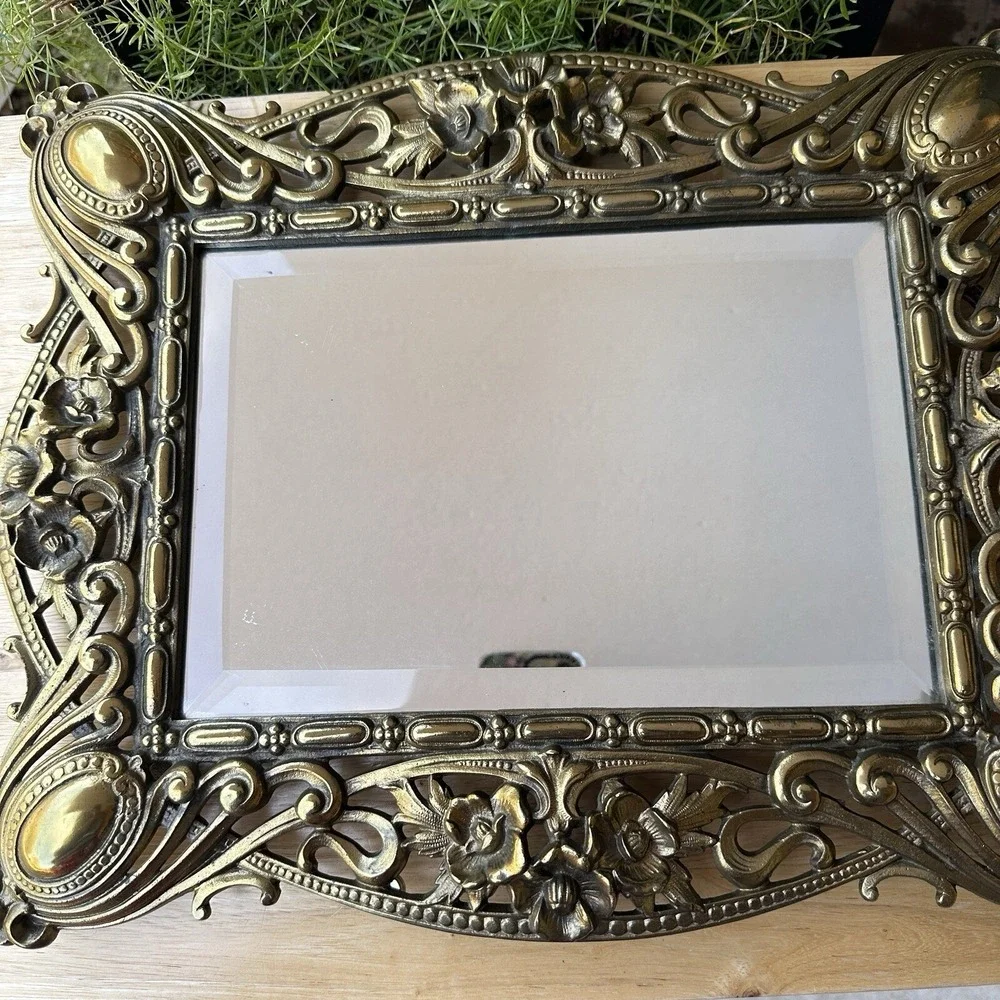 Victorian Antique Art Nouveau Frame Bevel Mirror‎ 16.5x13 Inch Ornate Bronze